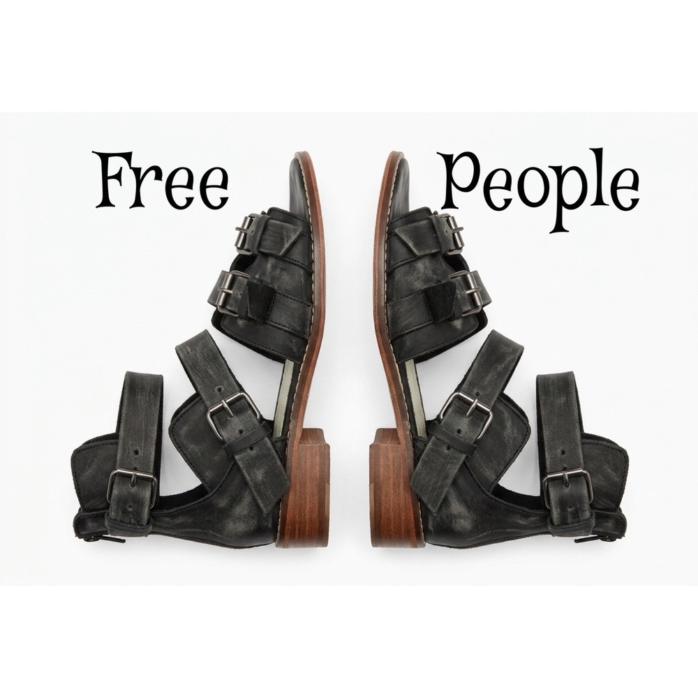 Free People Ashbury Black Leather Buckle Block Heel Sandals 37 Boho Moto